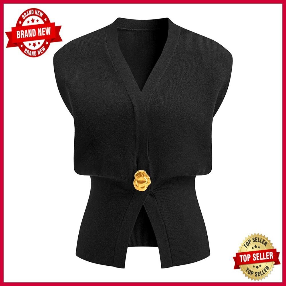 Sleeveless Sweater Vest Deep V Neck Button Down Waist Cinched Knit Pullover